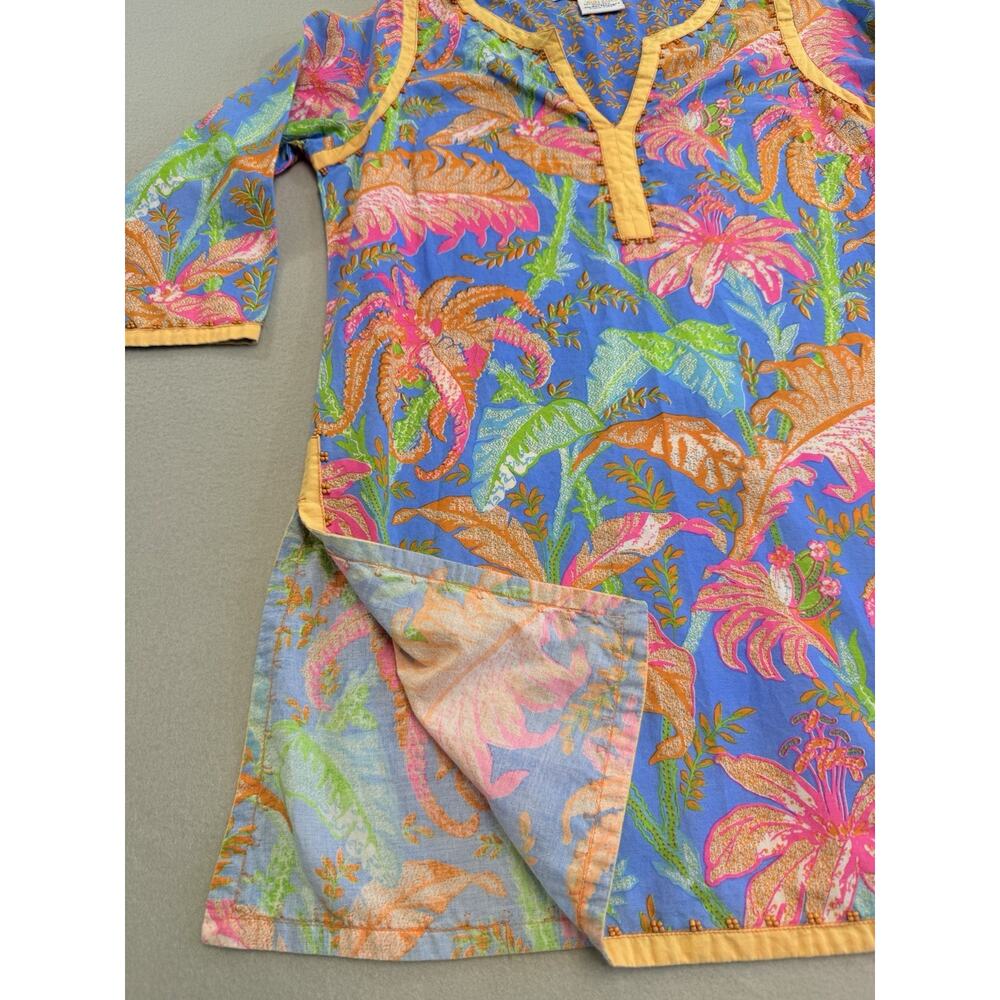 Gretchen Scott Womens XS Blue Orange Pink Tropical Floral Bead V-Neck Tunic Top - Picture 7 of 10